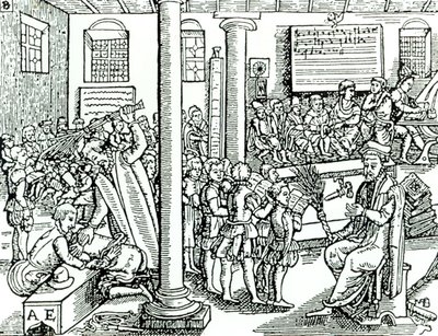 Schoolroom Scene in Tudor Times by English School